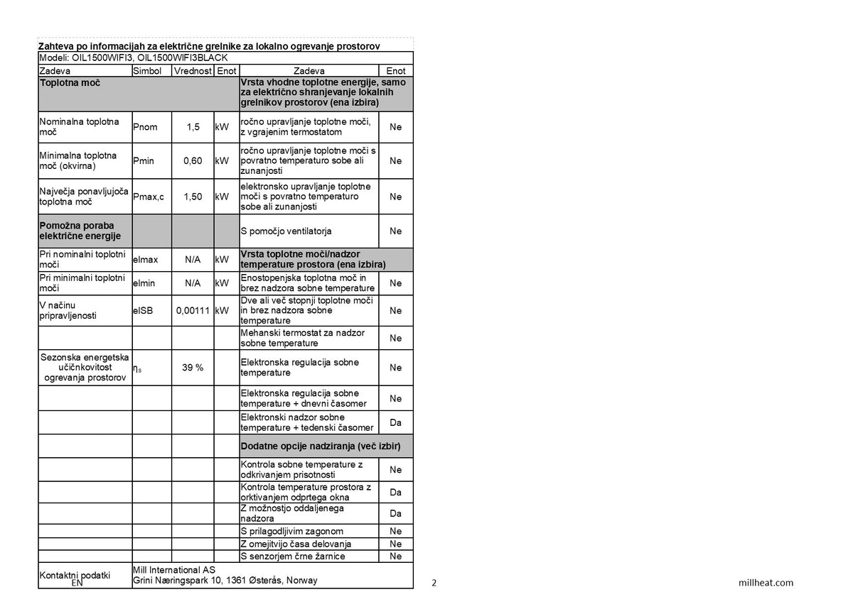 MILL oljni radiator Wi-Fi 1500W bel jeklo OIL1500WIFI3