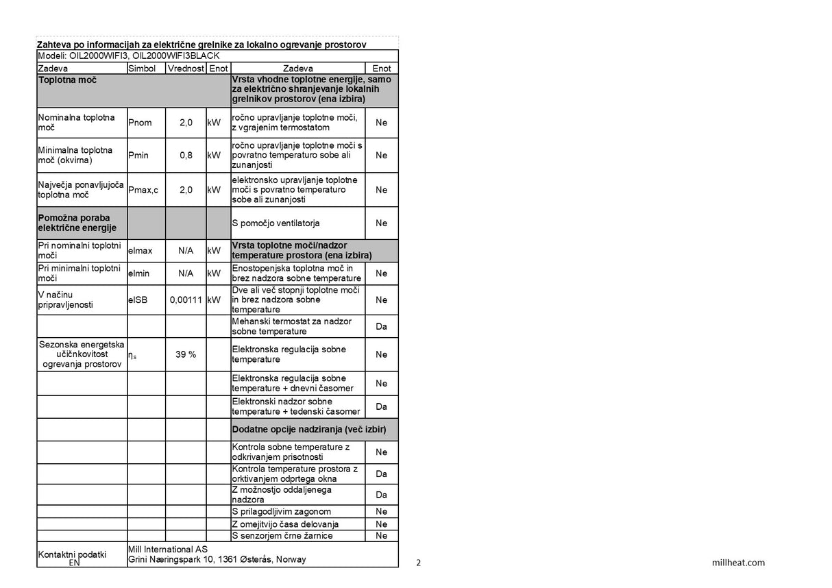 MILL oljni radiator Wi-Fi 2000W bel jeklo OIL2000WIFI3