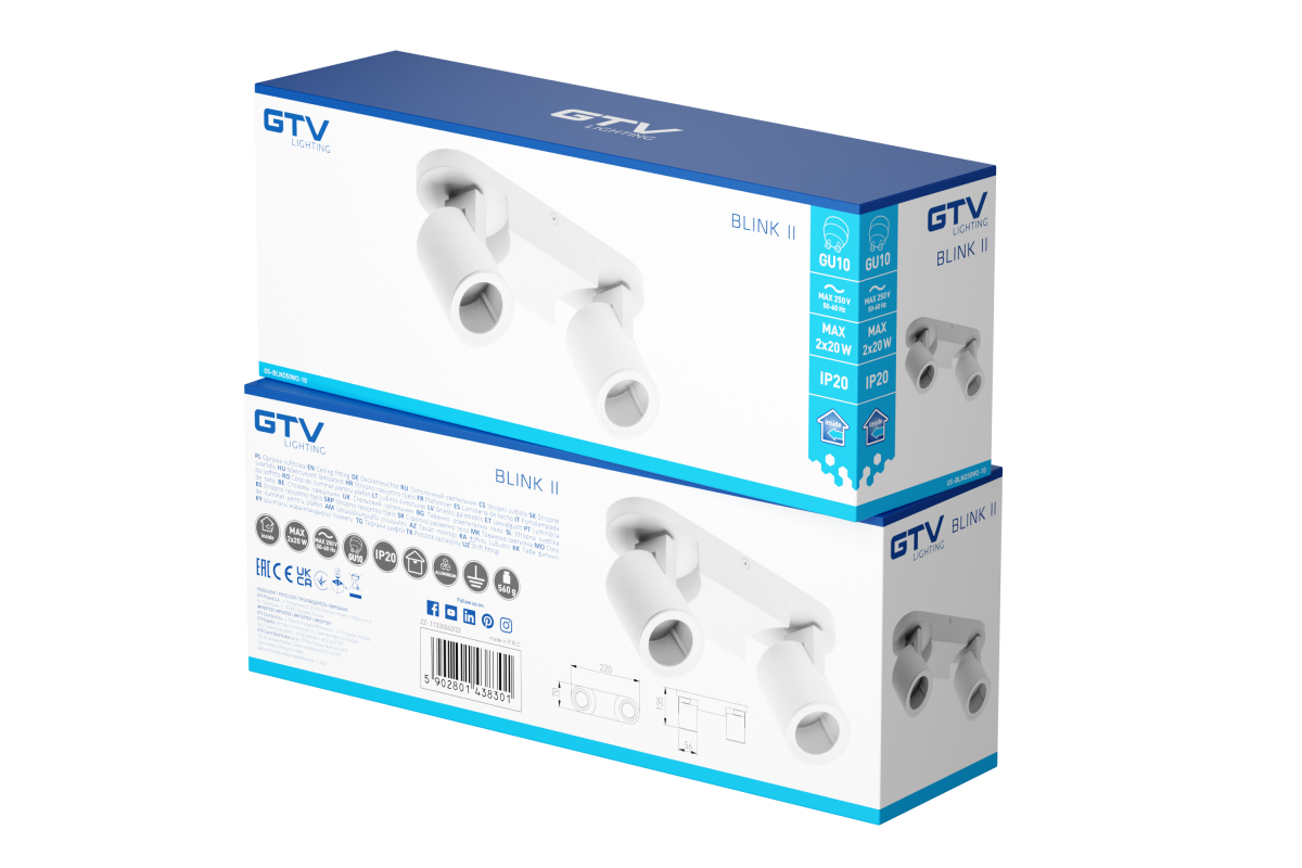 GTV Stropna svetilka BLINK II, maks. 250V, 50/60 Hz, GU10, maks. 20W*2, IP20, dvojna, bela