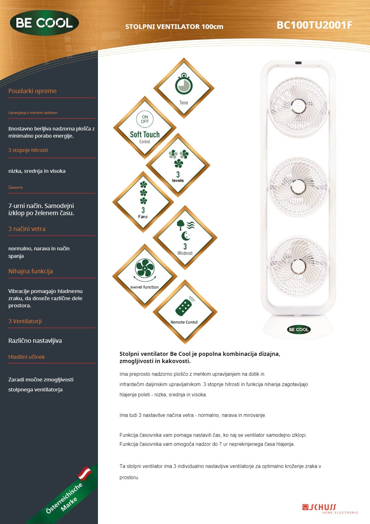 Be Cool TripleFan stolpni ventilator 100cm 3x 35 Watt