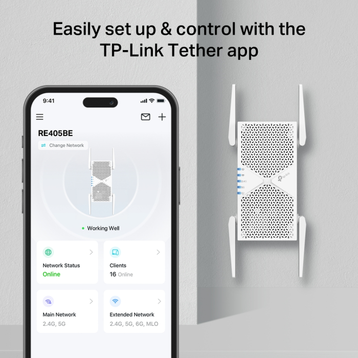 TP-LINK RE405BE BE6500 dvopasovni Wi-Fi 7 extender ojačevalnik signala