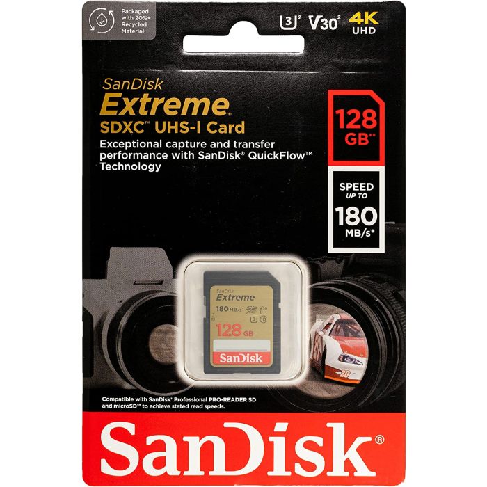 SanDisk Extreme 128GB SDXC spominska kartica + 1 leto RescuePRO Deluxe do180MB/s & 90MB/s branje/zap
