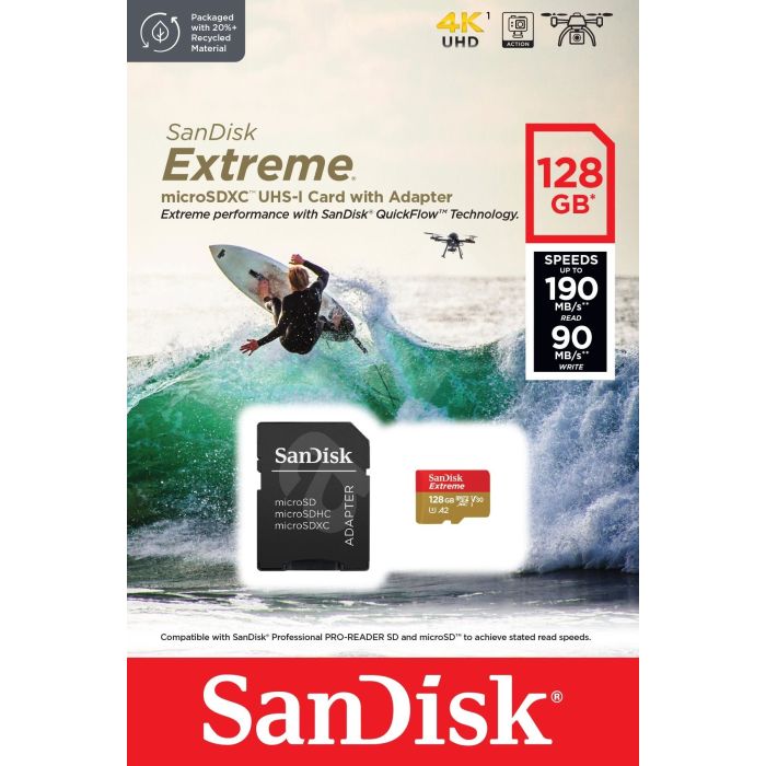 SanDisk Extreme microSDXC 128GB for Action Cams and Drones + SD Adapter 190MB/s & 90MB/s A2 C10 V30