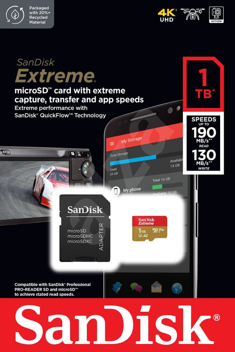 SanDisk Extreme microSDXC 1TB + SD Adapter do 190MB/s & 130MB/s  A2 C10 V30 UHS-I U3