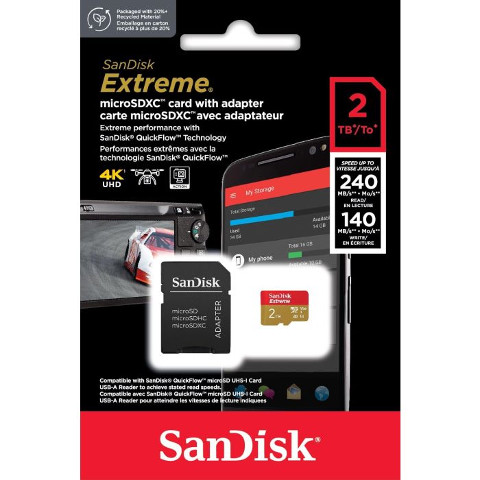 SanDisk 2TB Extreme microSDXC UHS-I z adapterjem do 240MB/s, C10, U3, V30, 4K, 5K, A2, Micro SD kart