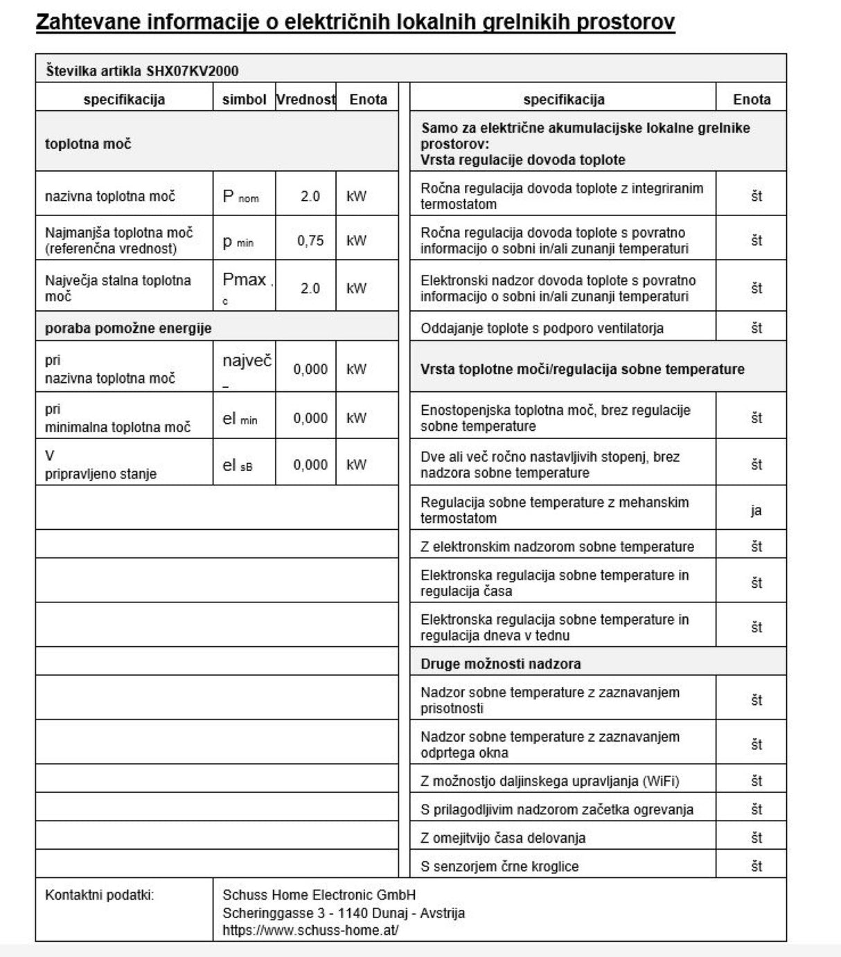 SHE konvektorski grelnik 2000W