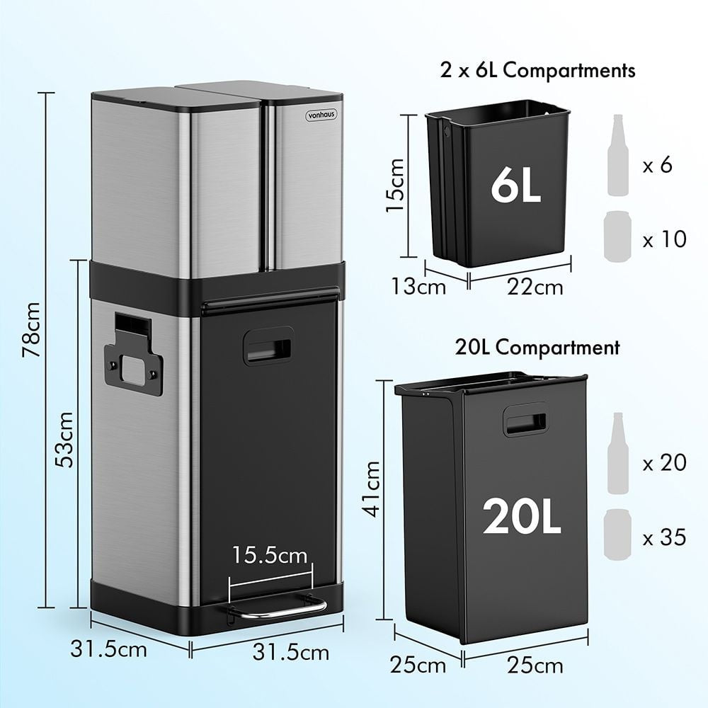 VonHaus trojni koš za odpadke iz nerjavečega jekla 32L