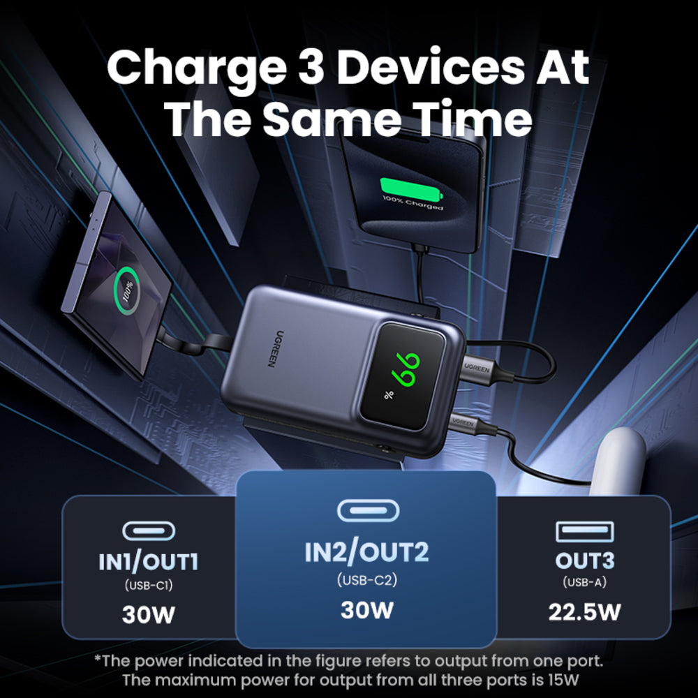 Ugreen Uno 10.000mAh 30w QC polnilna prenosna baterija z vgrajenim USB-C kablom