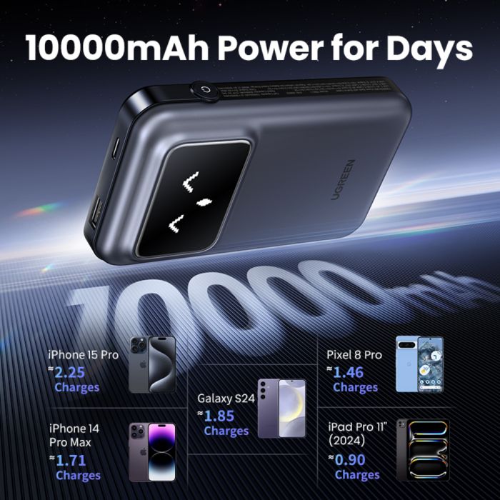 Ugreen Uno 10.000mAh 30w QC polnilna prenosna baterija z vgrajenim USB-C kablom
