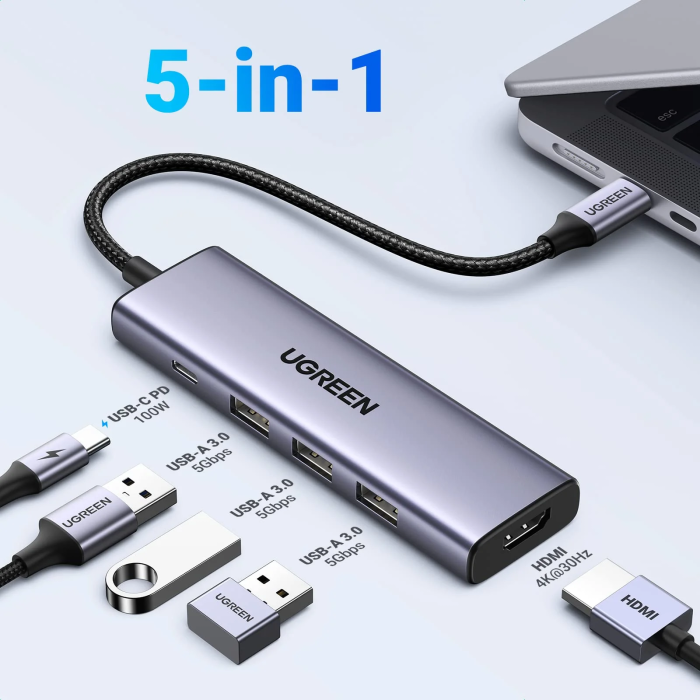 Ugreen 5-v-1 USB-C Hub (100 W PD, 4K@30Hz HDMI)