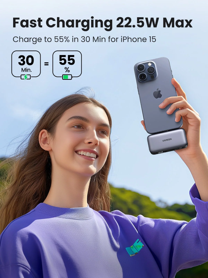 Ugreen 5000mAh 22,5W USB-C polnilna baterija z vgrajenim USB-C priključkom in LED zaslonom