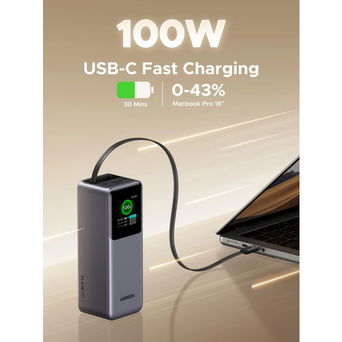 Ugreen prenosna polnilna baterija 20.000mAh, 165W s pametnim digitalnim zaslonom in vgrajenim kablom