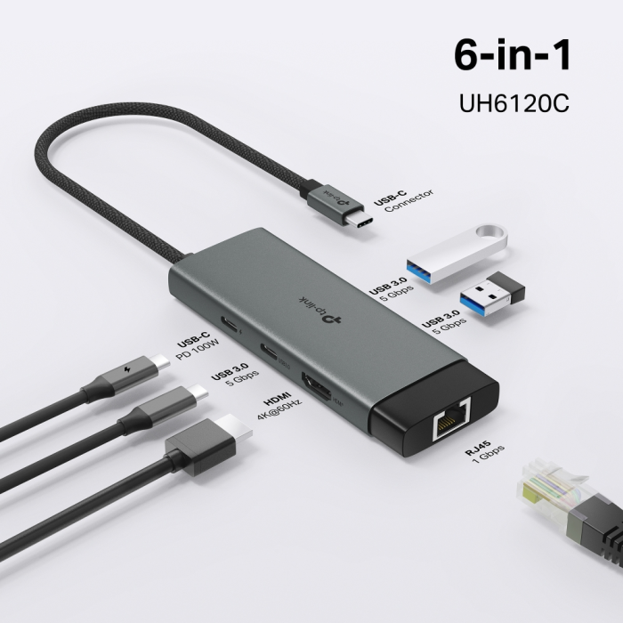 TP-LINK UH6120C 6-v-1 USB-C HUB priklopna postaja z 4K HDMI, Gigabit Ethernet in 100 W Power Delivery