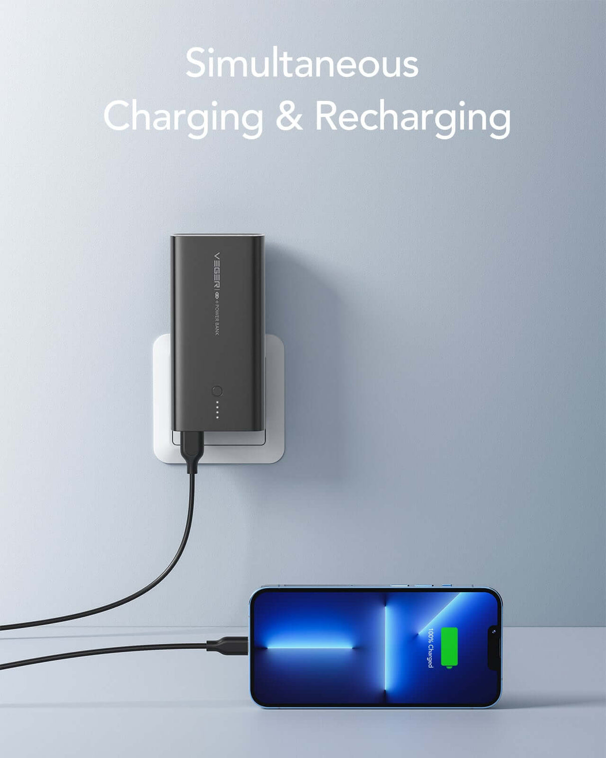 VEGER prenosna baterija ACE100 10000 mAh, vgrajen EU vtič, črna