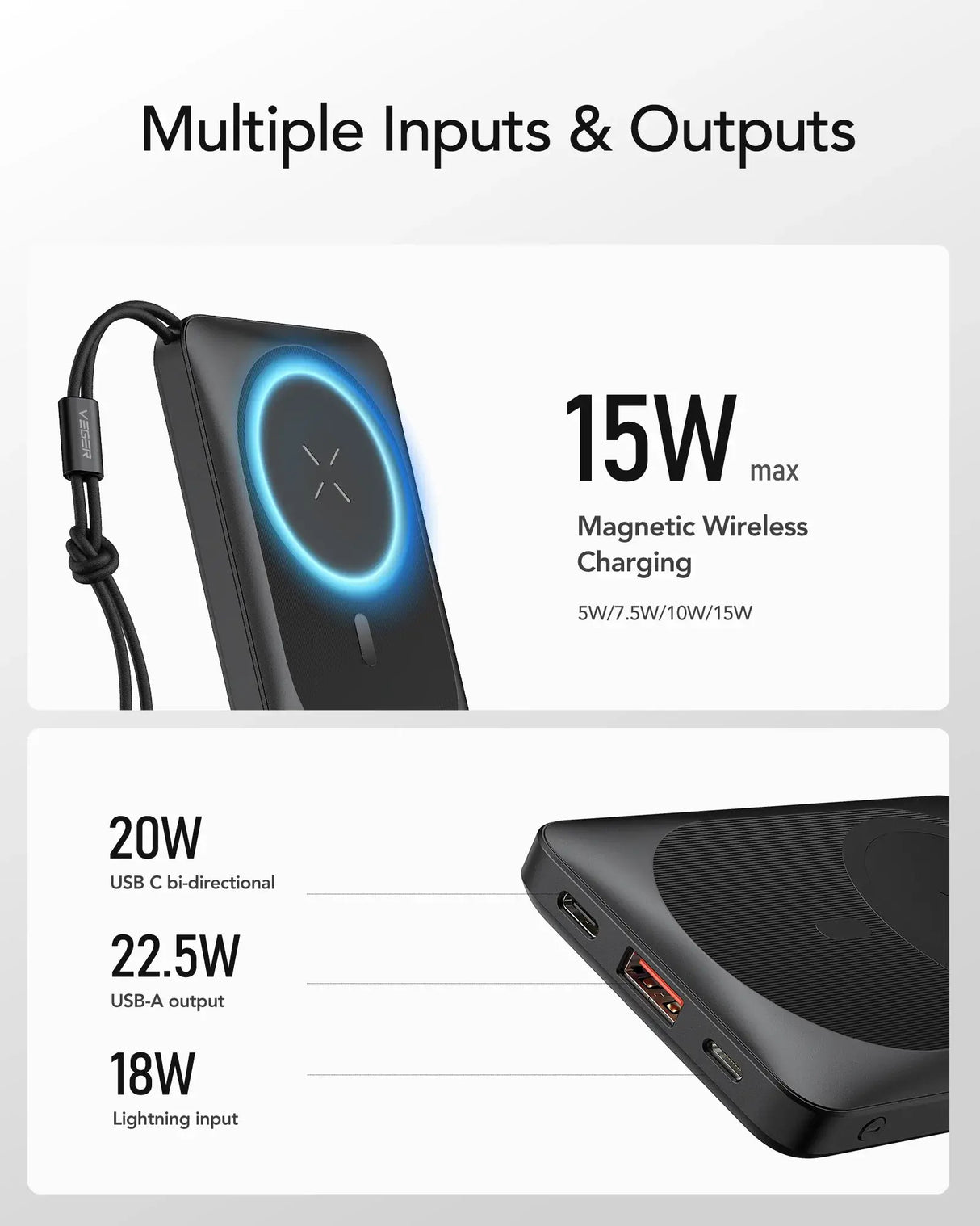 VEGER prenosna baterija MagOn 10000 mAh, črna