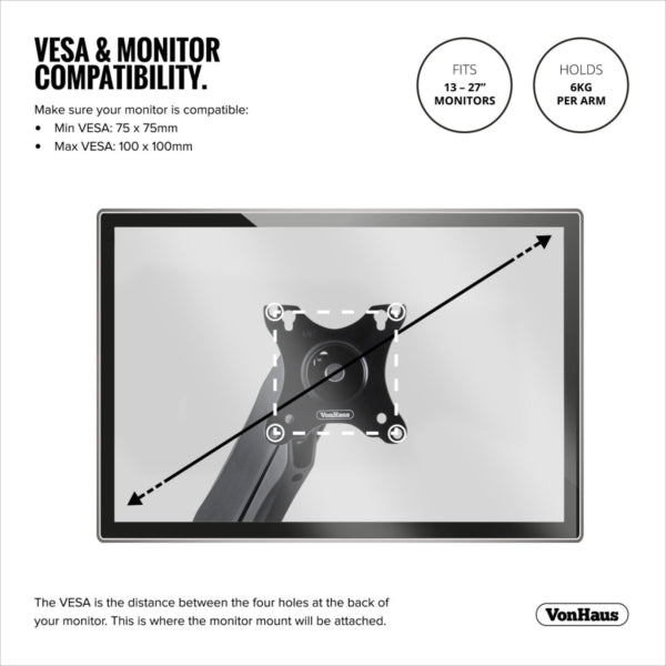 VonHaus dvojni namizni nosilec do diagonale 27'', 2 x USB 3.0, plinska vzmet