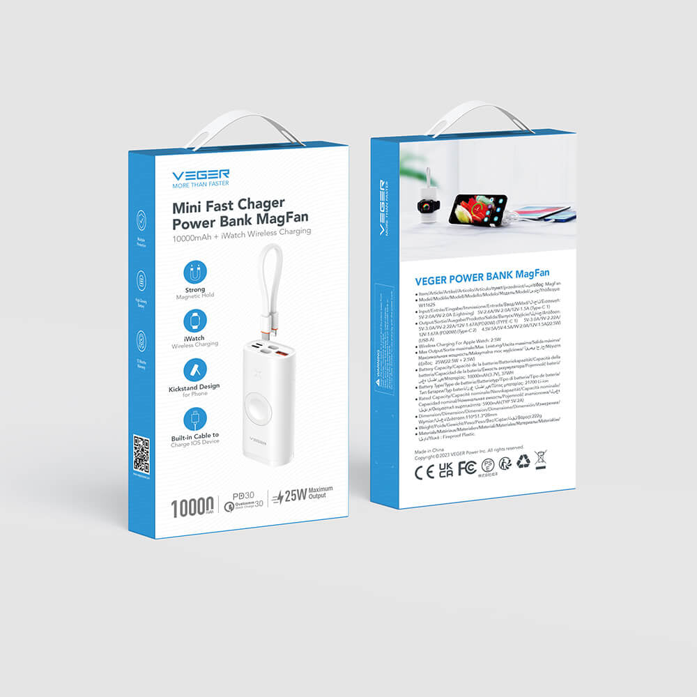 VEGER prenosna baterija MagFan 10000 mAh, vgrajen kabel in Apple Watch polnilnik, bela