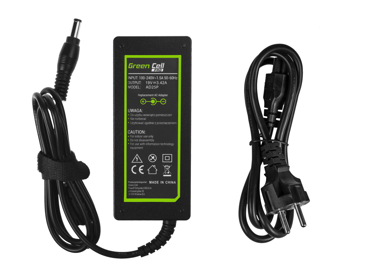 Green Cell PRO polnilec / AC Adapter 19V 3.42A 65W za Asus R510C R510L R556L X550C X550L Toshiba Satellite C650 L750