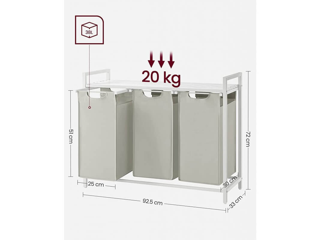 VASAGLE košara za perilo s 3 predelki, bela, BLH301W01
