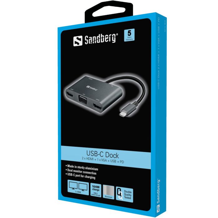 Sandberg USB-C Dock 2xHDMI+1xVGA+USB+PD priklopna postaja