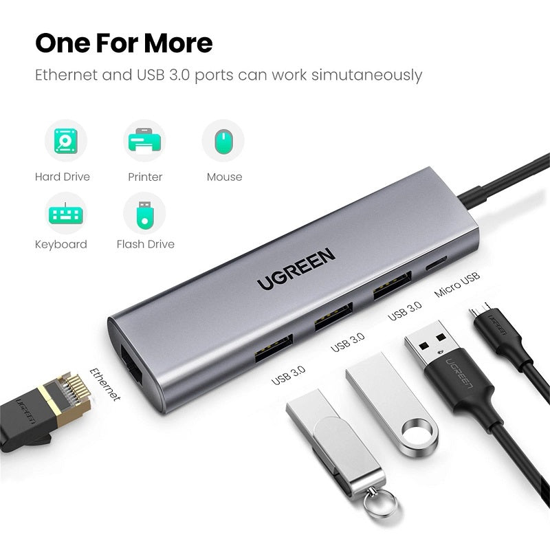 Ugreen USB 3.0 hub 3xUSB 3.0, 1xRJ45, 1xMikro USB - box