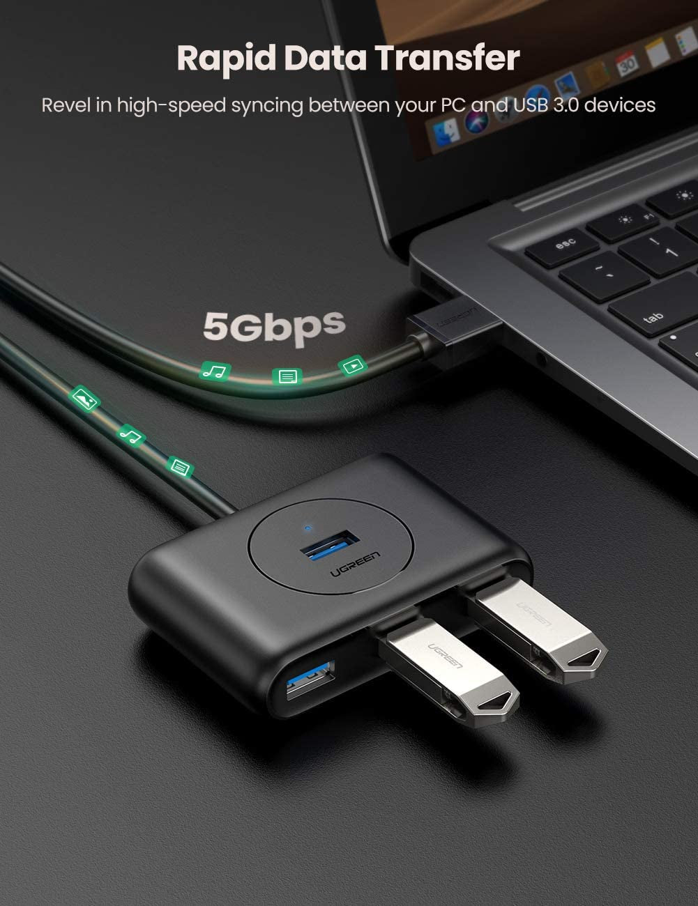 Ugreen USB 3.0 4 Ports Hub črn 1m - box