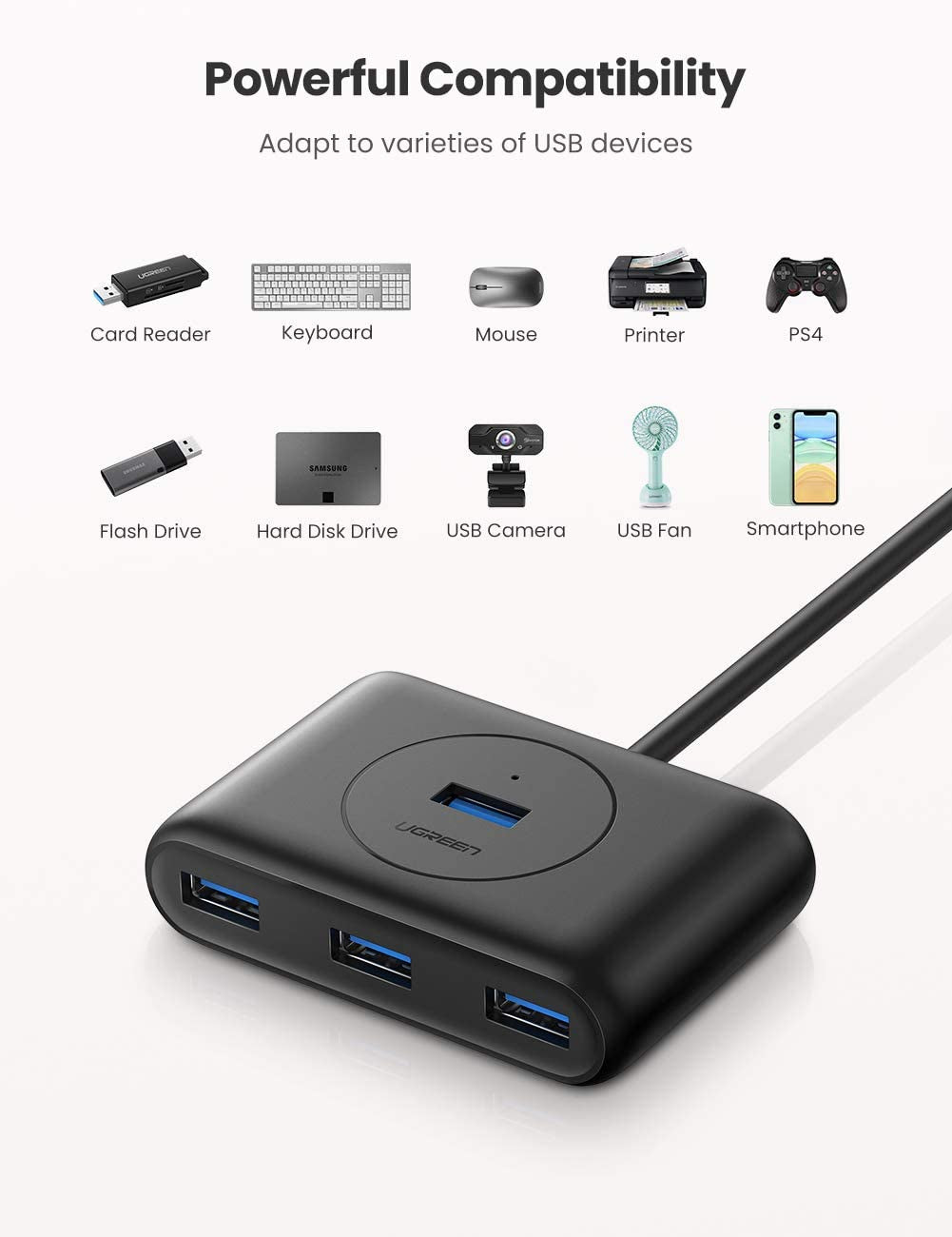 Ugreen USB 3.0 4 Ports Hub črn 1m - box