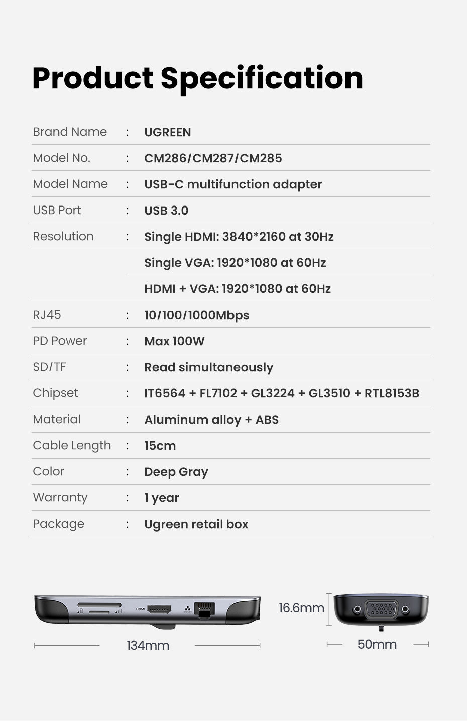 Ugreen USB-C 9v1 HUB 3*USB3.0+HDMI+VGA+RJ45 Gigabit+SD&TF +PD - box