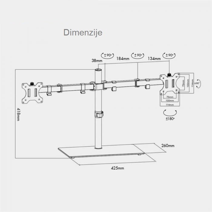 VonHaus dvojni namizni nosilec do diagonale 27'' s steklenim podstavkom