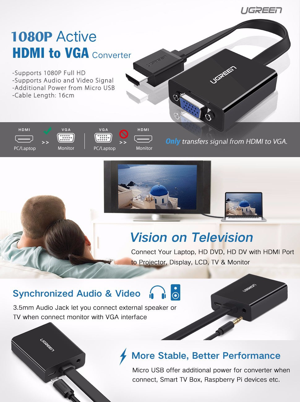 Ugreen HDMI na VGA + 3.5MM Audio+MicroUSB konverter črn - box