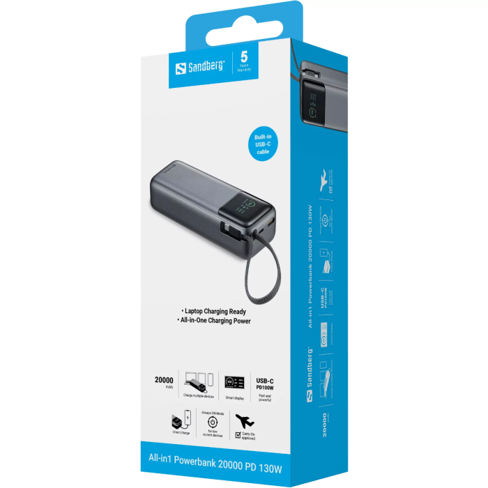 Sandberg All-in1 Powerbank 20000 PD 130W prenosna baterija