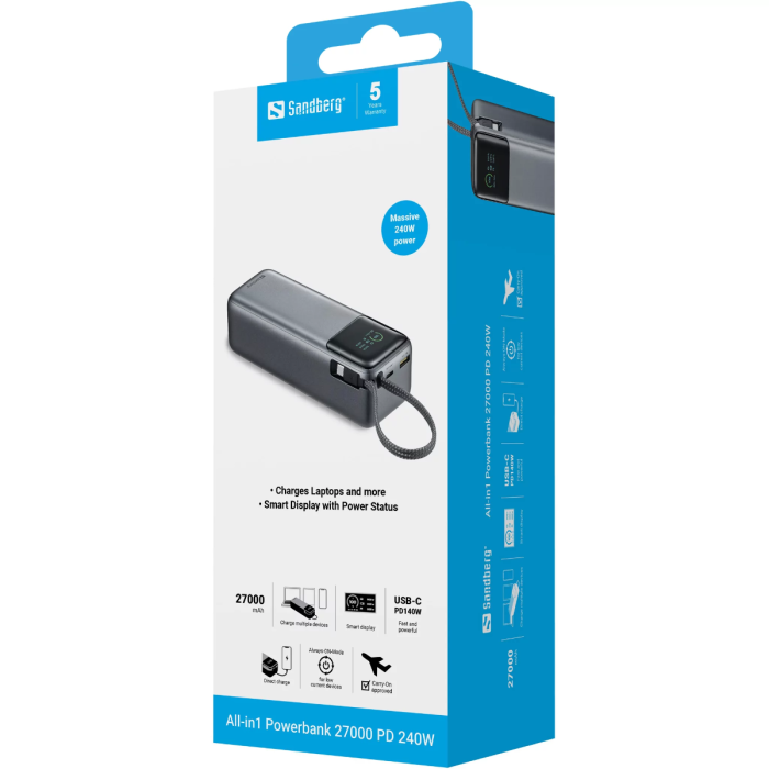Sandberg All-in1 Powerbank 27000 PD 240W prenosna baterija