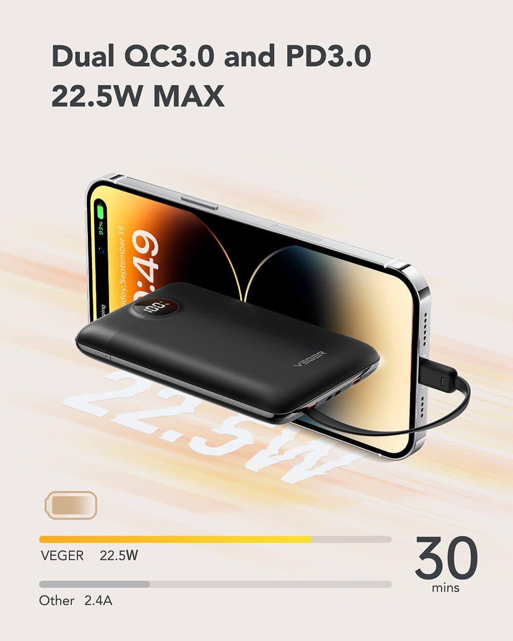 VEGER prenosna baterija z vgrajenimi kabli C11 10000 mAh, črna