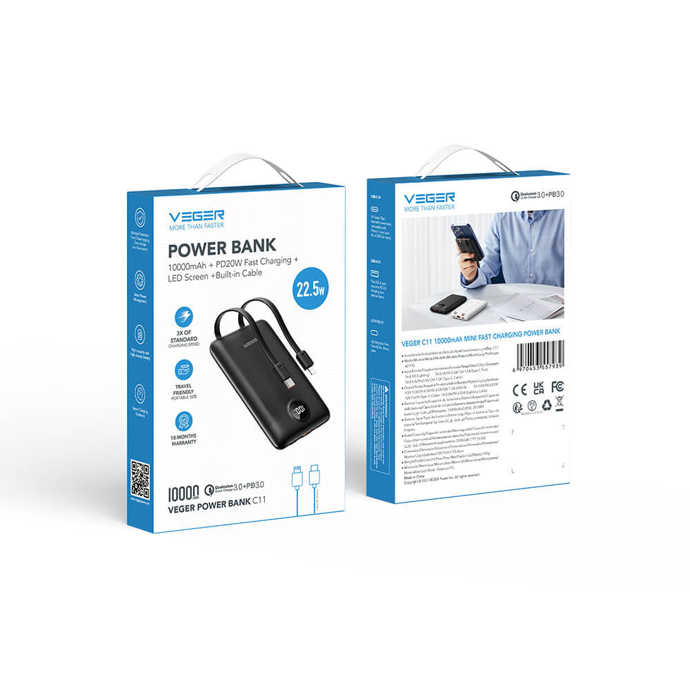 VEGER prenosna baterija z vgrajenimi kabli C11 10000 mAh, črna