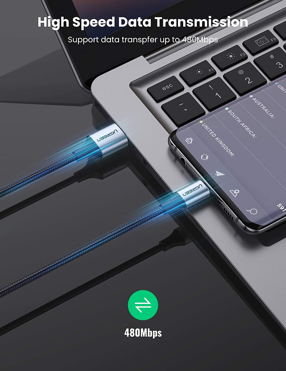 UGREEN USB A 2.0 na USB 3.0 tip C kabel 1.5m (črn) - polybag