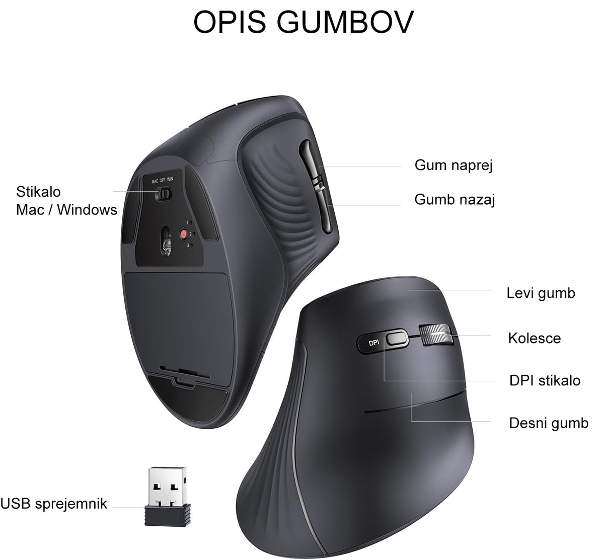 Ugreen brezžična ergonomska vertikalna miška z Bluetooth in Wi-Fi povezavo