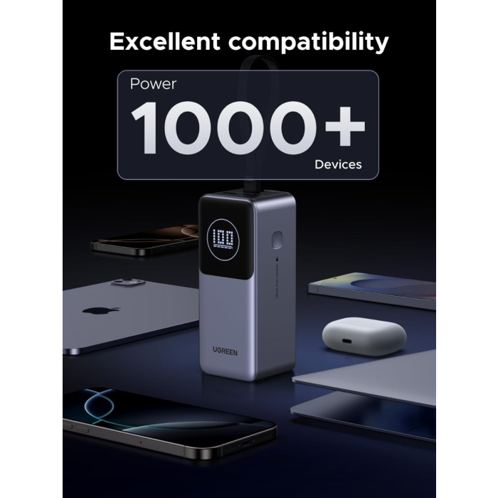 Ugreen prenosna polnilna baterija 12.000mAh, 100W z vgrajenim kablom