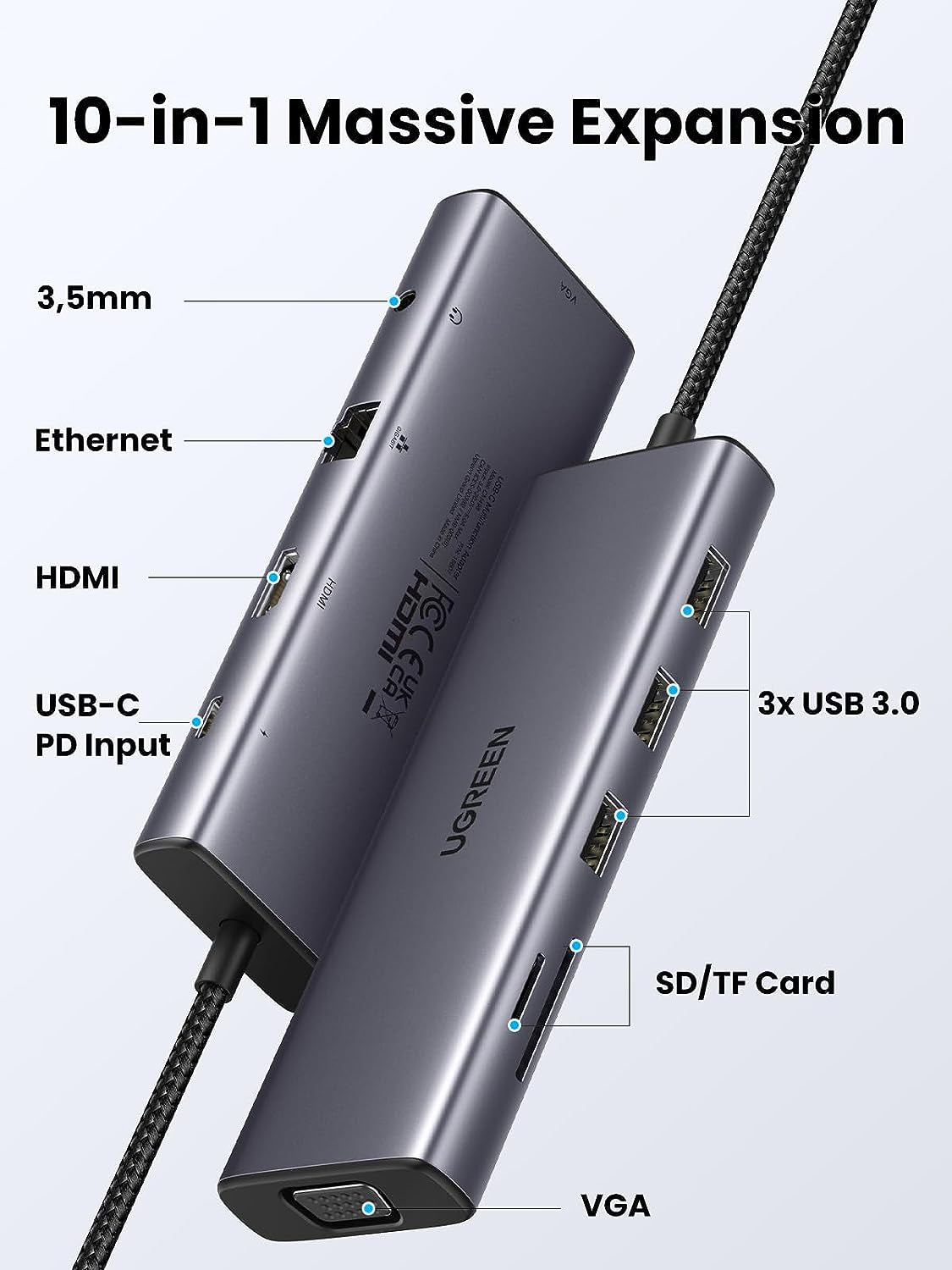UGREEN USB C Hub, 10-v-1 USB-C z dvojnim izhodom za zaslon 4K HDMI & VGA, 100W PD