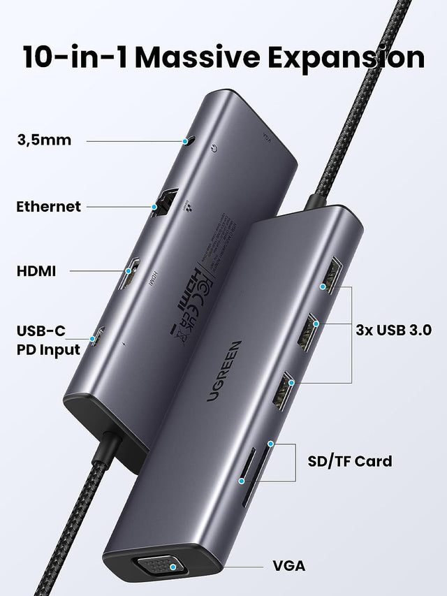 UGREEN USB C Hub, 10-v-1 USB-C z dvojnim izhodom za zaslon 4K HDMI & VGA, 100W PD