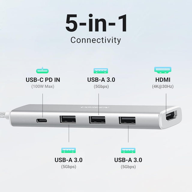 Ugreen Revodok USB-C Hub 5-v-1, 100W PD, bel