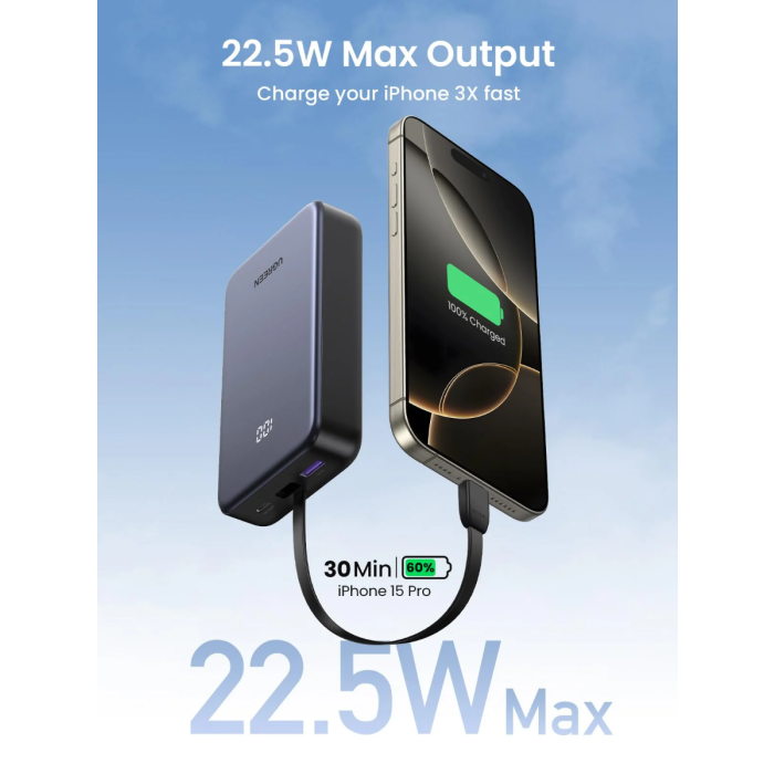 Ugreen 22,5W 20000mAh prenosna baterija z vgrajenim kablom