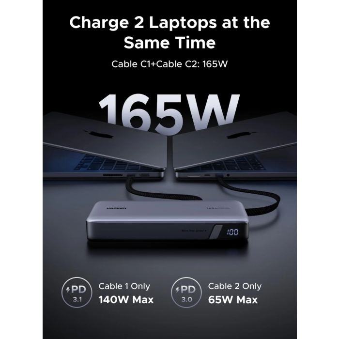Ugreen 165W 25000mAh prenosna baterija z vgrajenim kablom