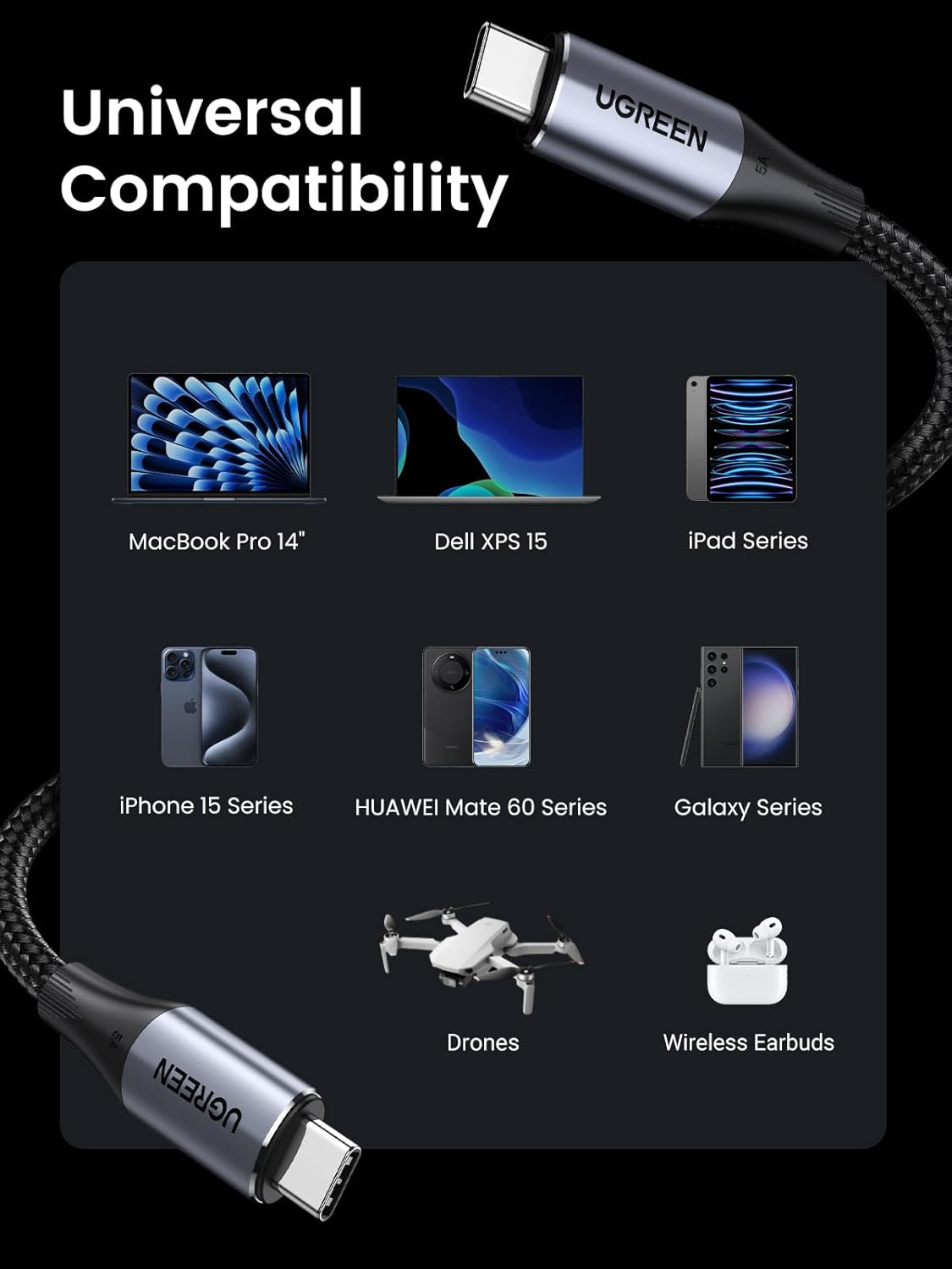 UGREEN USB-C 3.1 Gen2 10Gbps kabel 240W 1m (črn)