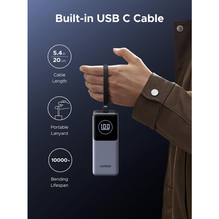 Ugreen prenosna polnilna baterija 12.000mAh, 100W z vgrajenim kablom