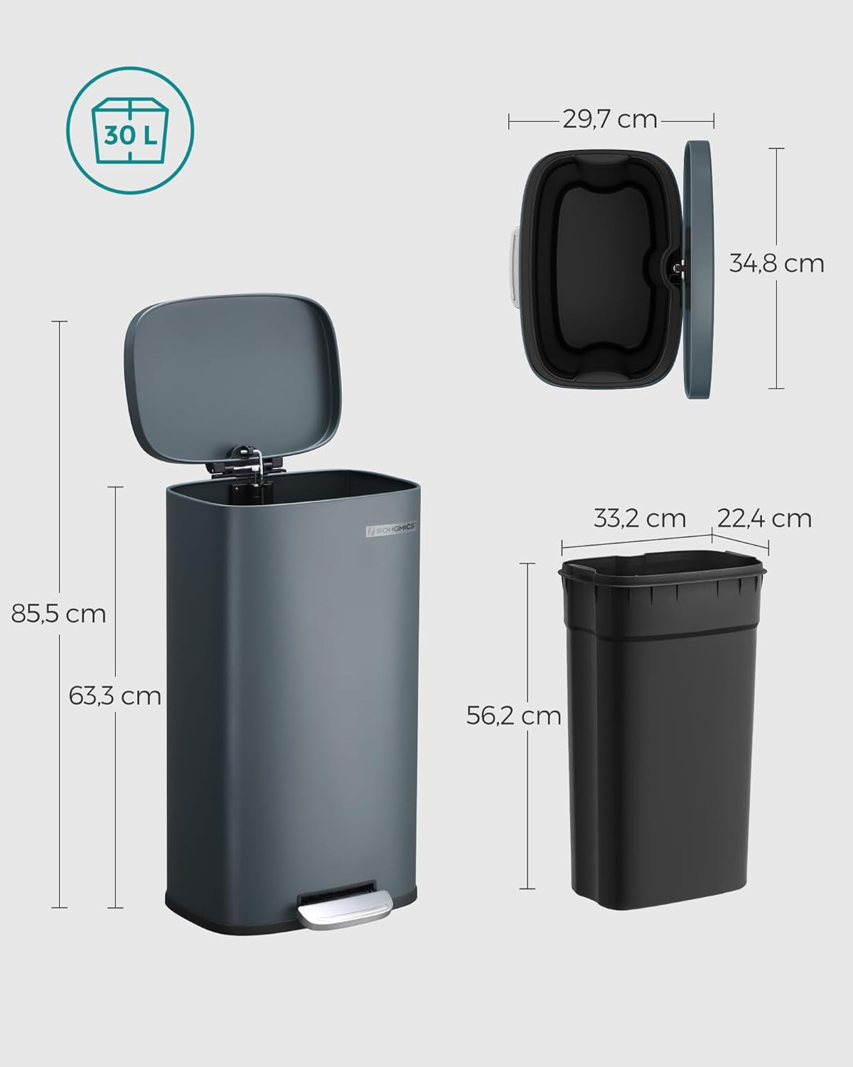 SONGMICS Kuhinjski koš za smeti, 30 litrov siv