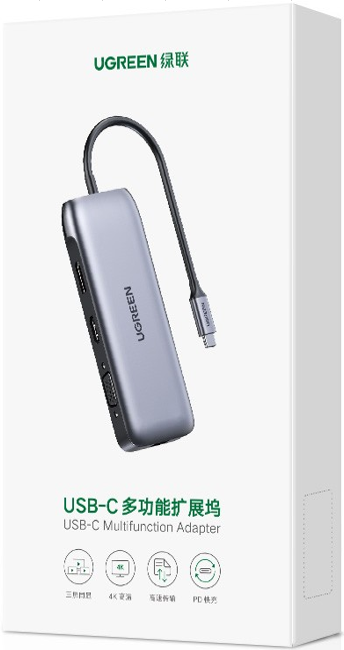 Ugreen USB-C Hub 9v1 4K HDMI,  4K DP, VGA, RJ45, 2xUSB 3.0, MicroSD - box