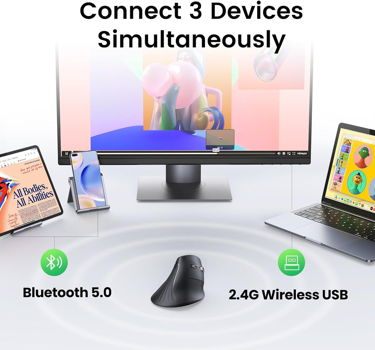 Ugreen brezžična ergonomska vertikalna miška z Bluetooth in Wi-Fi povezavo
