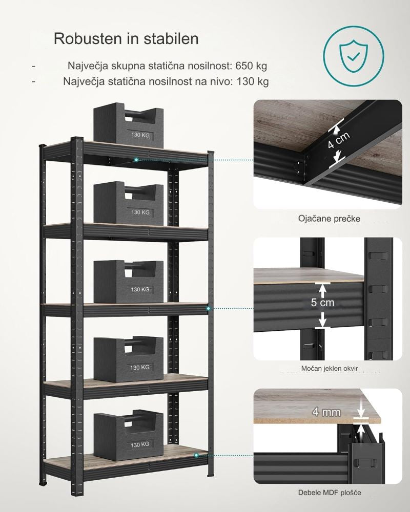 SONGMICS Regal 50 x 100 x 200 cm naravno črna,GLR050B11