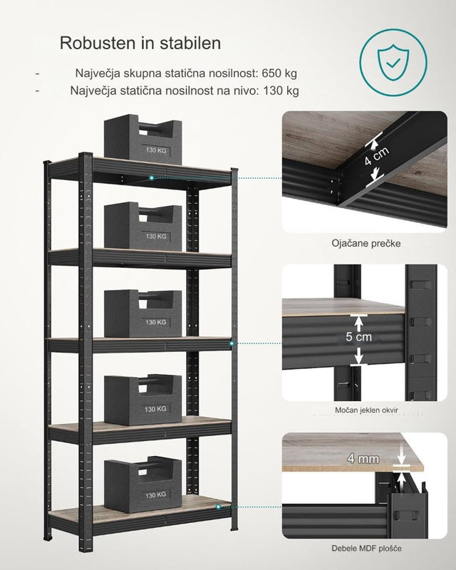 SONGMICS Regal 50 x 100 x 200 cm naravno črna,GLR050B11