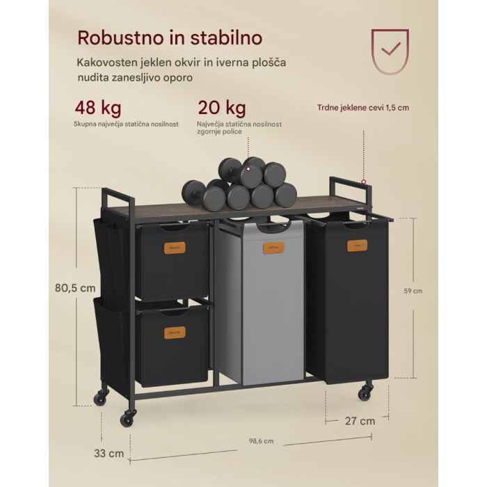 VASAGLE košara za perilo črna 4/1 150L